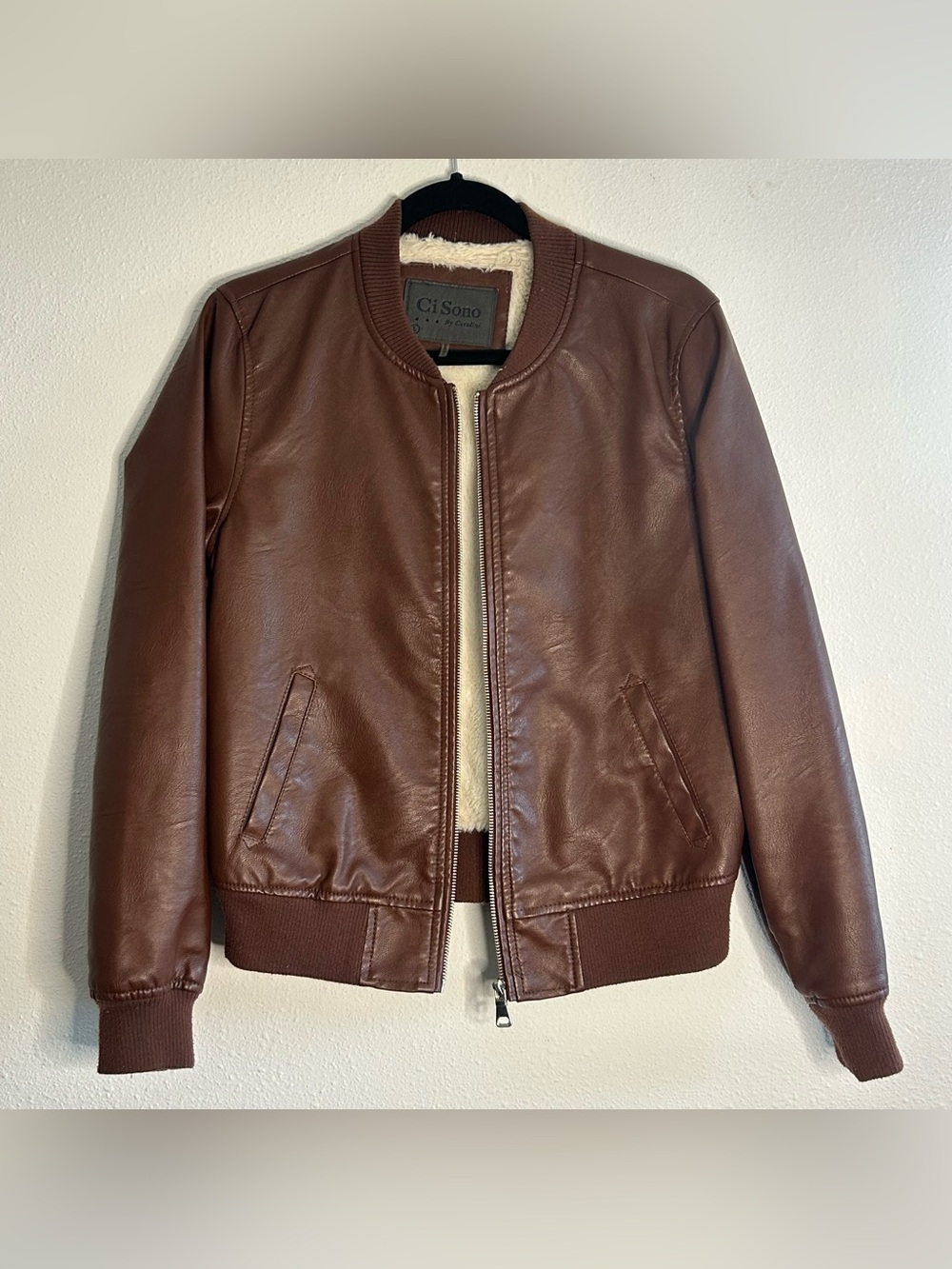 Ci Sono Brown Women's Bomber Jacket with Cream Sherpa Trim